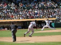 A's Pitcher throws to home as David Ortiz takes running lead from first base Royalty Free Stock Photo