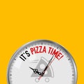 It`s Pizza Time. White Vector Clock with Motivational Slogan. Analog Metal Watch with Glass. Pizza Express Delivery Icon Royalty Free Stock Photo