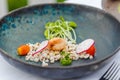 s. Plate with scallops, pearl barley and fresh vegetables - radish and tomato