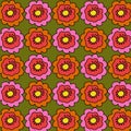 1970s Preppy Orange Pink Hippie Flower Pattern with Green Background