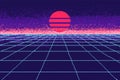 80 s purple city. Pixel art 8 bit object. Fashion poster. Retro game assets. Futuristic Video arcade. Vector