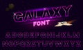80 s purple neon retro font. Futuristic chrome letters. Bright Alphabet on dark background. Light Symbols Sign for night Royalty Free Stock Photo