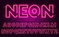 80 s purple neon retro font. Futuristic chrome letters. Bright Alphabet on dark background. Light Symbols Sign for night Royalty Free Stock Photo
