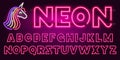 80 s purple neon retro font and unicorn. Futuristic chrome letters. Bright Alphabet on dark background. Light Symbols Royalty Free Stock Photo