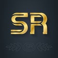 S and R initial golden logo. SR - Metallic 3d icon or logotype template. RS - Vector design element with lineart option
