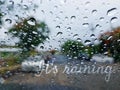 It`s Raining Texts Overlay on Blurred Background of Rain Droplets on Mirror.