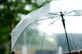 ItÃ¢â¬â¢s raining, Women walk in the rain. Hand of women holding an umbrella. She feel sad, Sky have a drizzling and overcast all the Royalty Free Stock Photo