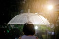 ItÃ¢â¬â¢s raining, Women walk in the rain. Hand of women holding an umbrella. She feel sad, Sky have a drizzling and overcast all the Royalty Free Stock Photo