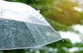 ItÃ¢â¬â¢s raining, Women walk in the rain. Hand of women holding an umbrella. She feel sad, Sky have a drizzling and overcast all the Royalty Free Stock Photo