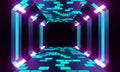 80s retro abstract technology background blue tunnel light. Futuristic city skyline night with glowing line. Laser game neon light