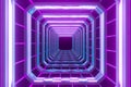 80s retro abstract technology blue purple background tunnel light. Corridor 3d rendering of web banner. Futuristic city skyline