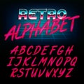 80`s retro alphabet font. Glow effect shiny letters.