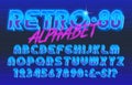 80s Retro alphabet font. Glowing 3D letters and numbers.