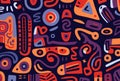 0's retro background with hand drawn shapes and letters, dark orange and navy, african-inspired textile patterns, bold