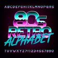 80s retro beveled alphabet font. Metallic effect bright colorful letters.