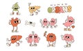 90s-00s retro Cartoon cute organ characters set. Happy healthy human organs, funny kidney, lungs and brain, stomach with