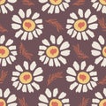 1970s Retro Daisy Wildflower Motif Background. Naive Margerite Flower Seamless Pattern. White on Brown. Delicate Leaves