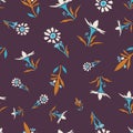 1970s Retro Daisy Wildflower Motif Background. Naive Margerite Flower Seamless Pattern. White on Brown. Delicate Leaves Hand Drawn Royalty Free Stock Photo