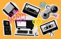 90s Retro electronics in halftone treatment. Collage elements in trendy dotted y2k style. Vector illustration with