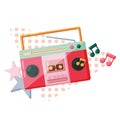 90s retro elements pink music tape recorder with notes and stars.. Flat style vector illustration, white background. Royalty Free Stock Photo