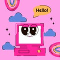 2000s retro elements rainbow vector. Groovy character computer with eyes and cute smile face, clouds and bubble Hello Royalty Free Stock Photo
