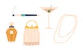 1920s Retro Female Accessories Include Long Strands Of Pearls, Beaded Purse, Martini Glass, Smoker And Perfume Flask