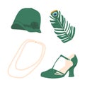 1920s Retro Female Accessories Included Long Pearl Necklace, Cloche Hats, T-strap Shoes, And Peacock Feathers