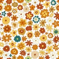 70s retro flower vector seamless pattern. Groovy vintage floral repeat pattern with flowers, simple shapes. Wavy Royalty Free Stock Photo
