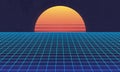 1980s Retro futuristic background. Retro sunset with laser grid. Cyberpunk, Synthwave, Vaporwave, Retrowave abstract banner.