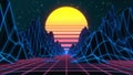 80s retro futuristic sci-fi background. VJ videogame landscape with neon lights