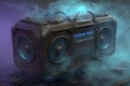 1980s Retro ghetto blaster and dust isolated on black background. Neural network AI generated