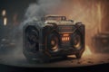 1980s Retro ghetto blaster and dust isolated on black background. Neural network AI generated