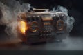 1980s Retro ghetto blaster and dust isolated on black background. Neural network AI generated