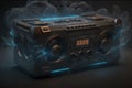 1980s Retro ghetto blaster and dust isolated on black background. Neural network AI generated