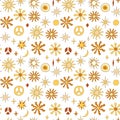 70s retro hippy vector seamless pattern. Groovy vintage repeat pattern with sun, peace sign and stars. Wavy doodle hippie print Royalty Free Stock Photo