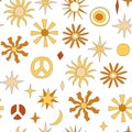 70s retro hippy vector seamless pattern. Groovy vintage repeat pattern with sun, peace sign, stars. Wavy doodle hippie Royalty Free Stock Photo