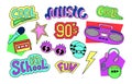 90s and 00s Retro Music Nostalgia set. Vintage boombox, audio CD player, cassette. Hand drawn stickers. Memphis style Royalty Free Stock Photo