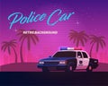 80s retro neon gradient background. Vintage police car. Palms and city. Tv glitch effect. Sci-fi beach.