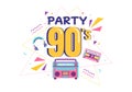 90s Retro Party Cartoon Background Illustration with Nineties Music, Sneakers, Radio, Dance Time and Tape Cassette in Trendy Style Royalty Free Stock Photo