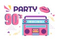 90s Retro Party Cartoon Background Illustration with Nineties Music, Sneakers, Radio, Dance Time and Tape Cassette in Trendy Style Royalty Free Stock Photo