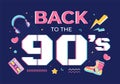 90s Retro Party Cartoon Background Illustration with Nineties Music, Sneakers, Radio, Dance Time and Tape Cassette in Trendy Style Royalty Free Stock Photo