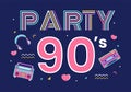 90s Retro Party Cartoon Background Illustration with Nineties Music, Sneakers, Radio, Dance Time and Tape Cassette in Trendy Style Royalty Free Stock Photo