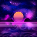 80s Retro Sci-Fi Background with Sunrise or Sunset. Vector futuristic synth retro wave illustration in 1980s posters Royalty Free Stock Photo