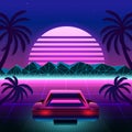 80s Retro Sci-Fi Background with Supercar. Vector retro futuristic synth retro wave illustration in 1980s posters style