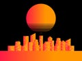 80s retro sci-fi city and futuristic sunset. Synthwave and retrowave style. Vector illustration Royalty Free Stock Photo
