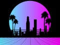 80s retro sci-fi city. City landscape with palm trees and futuristic sunset. Synthwave and retrowave style. Vector illustration Royalty Free Stock Photo