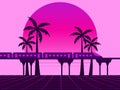 80s retro sci-fi landscape with train. Futuristic palm trees on a sunset. Synthwave and retrowave style. Vector illustration