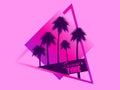 80s retro sci-fi palm trees on pink background. Retro futuristic cube with palm trees. Summer time. Synthwave and retrowave style