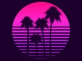 80s retro sci-fi palm trees on a sunset. Retro futuristic sun with palm trees. Summer time. Synthwave and retrowave style. Vector