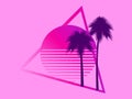 80s retro sci-fi palm trees on a sunset. Retro futuristic sun with palm trees. Summer time. Synthwave and retrowave style. Vector